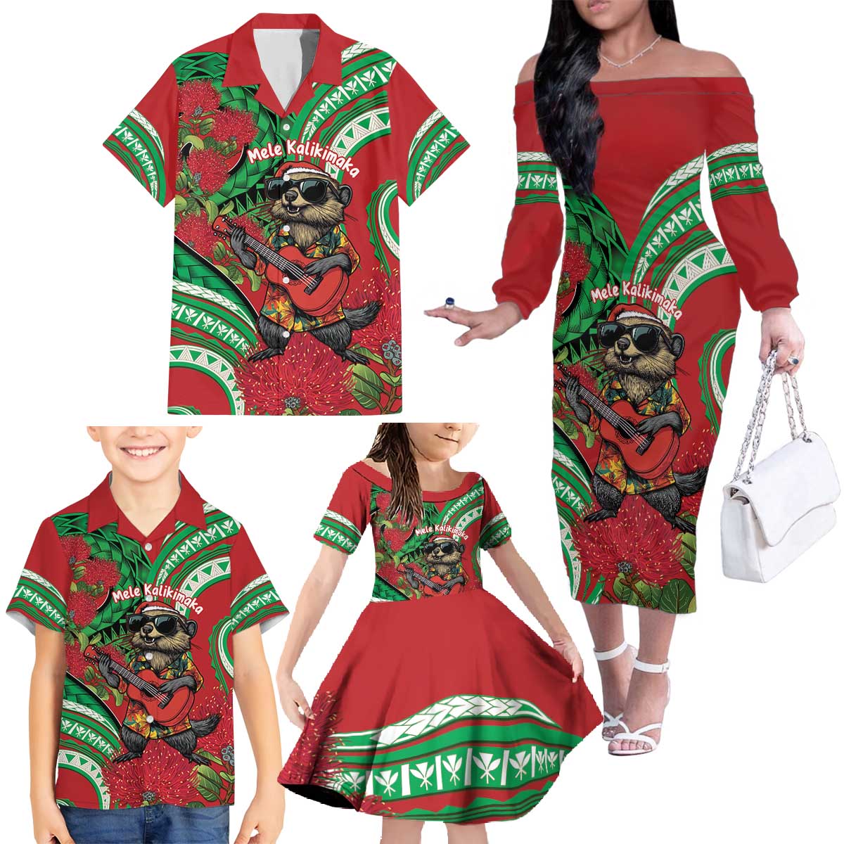 Mele Kalikimaka Hawaii Family Matching Off The Shoulder Long Sleeve Dress and Hawaiian Shirt Mongoose Santa With Ohia Lehua LT14 - Polynesian Pride
