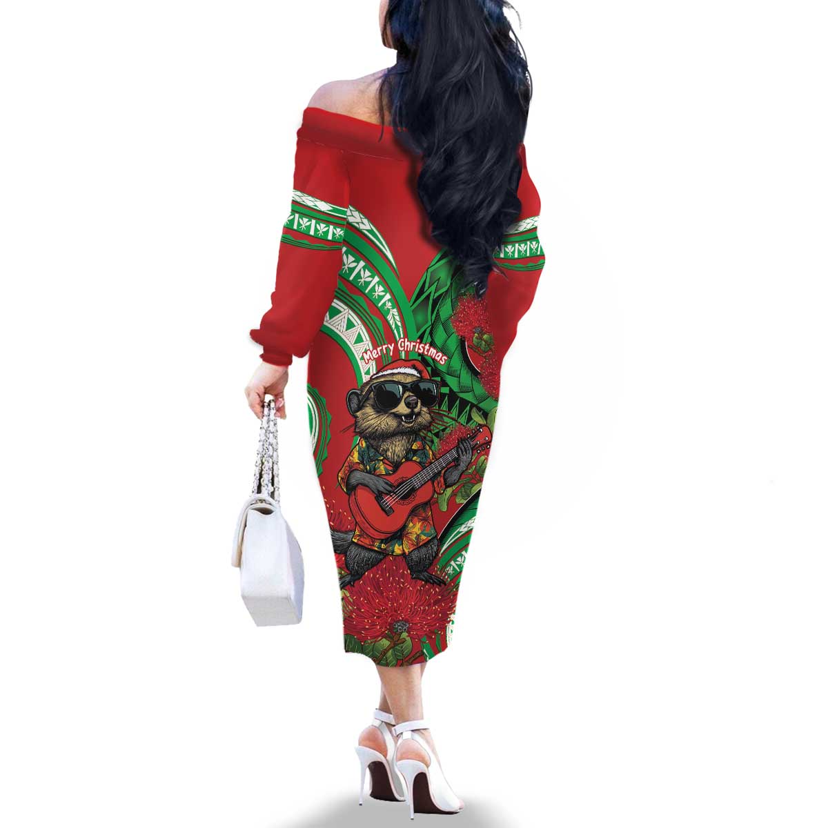 Mele Kalikimaka Hawaii Family Matching Off The Shoulder Long Sleeve Dress and Hawaiian Shirt Mongoose Santa With Ohia Lehua LT14 - Polynesian Pride