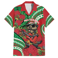 Mele Kalikimaka Hawaii Family Matching Off Shoulder Maxi Dress and Hawaiian Shirt Mongoose Santa With Ohia Lehua LT14 Dad's Shirt - Short Sleeve Red - Polynesian Pride