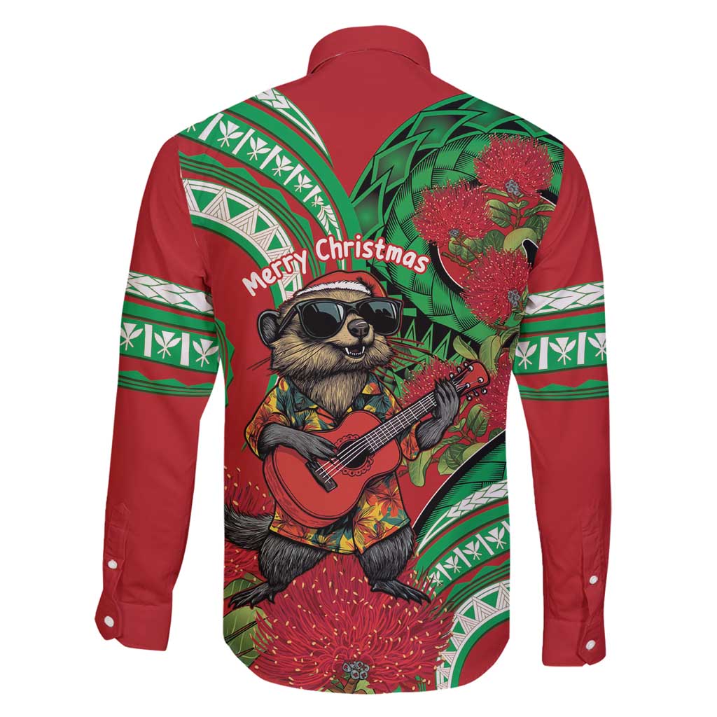 Mele Kalikimaka Hawaii Family Matching Off Shoulder Maxi Dress and Hawaiian Shirt Mongoose Santa With Ohia Lehua LT14 - Polynesian Pride
