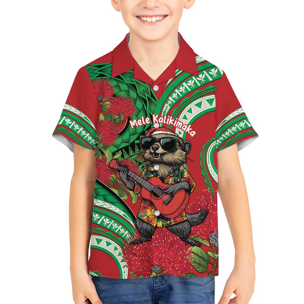 Mele Kalikimaka Hawaii Family Matching Off Shoulder Maxi Dress and Hawaiian Shirt Mongoose Santa With Ohia Lehua LT14 Son's Shirt Red - Polynesian Pride
