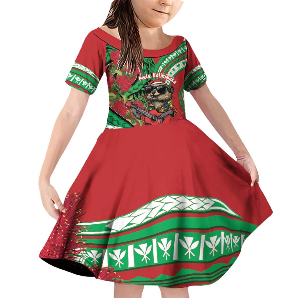 Mele Kalikimaka Hawaii Family Matching Off Shoulder Short Dress and Hawaiian Shirt Mongoose Santa With Ohia Lehua LT14 Daughter's Dress Red - Polynesian Pride