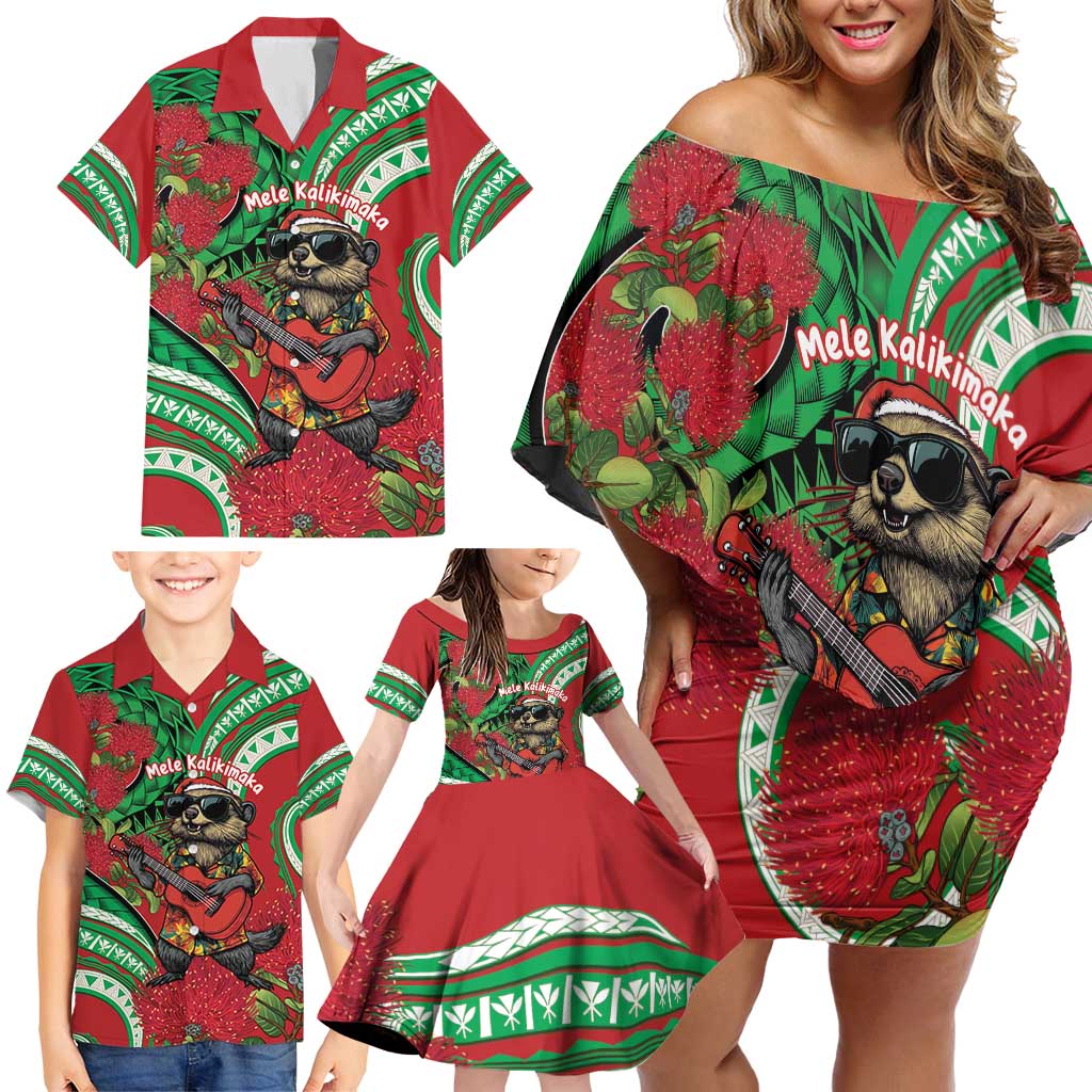 Mele Kalikimaka Hawaii Family Matching Off Shoulder Short Dress and Hawaiian Shirt Mongoose Santa With Ohia Lehua LT14 - Polynesian Pride