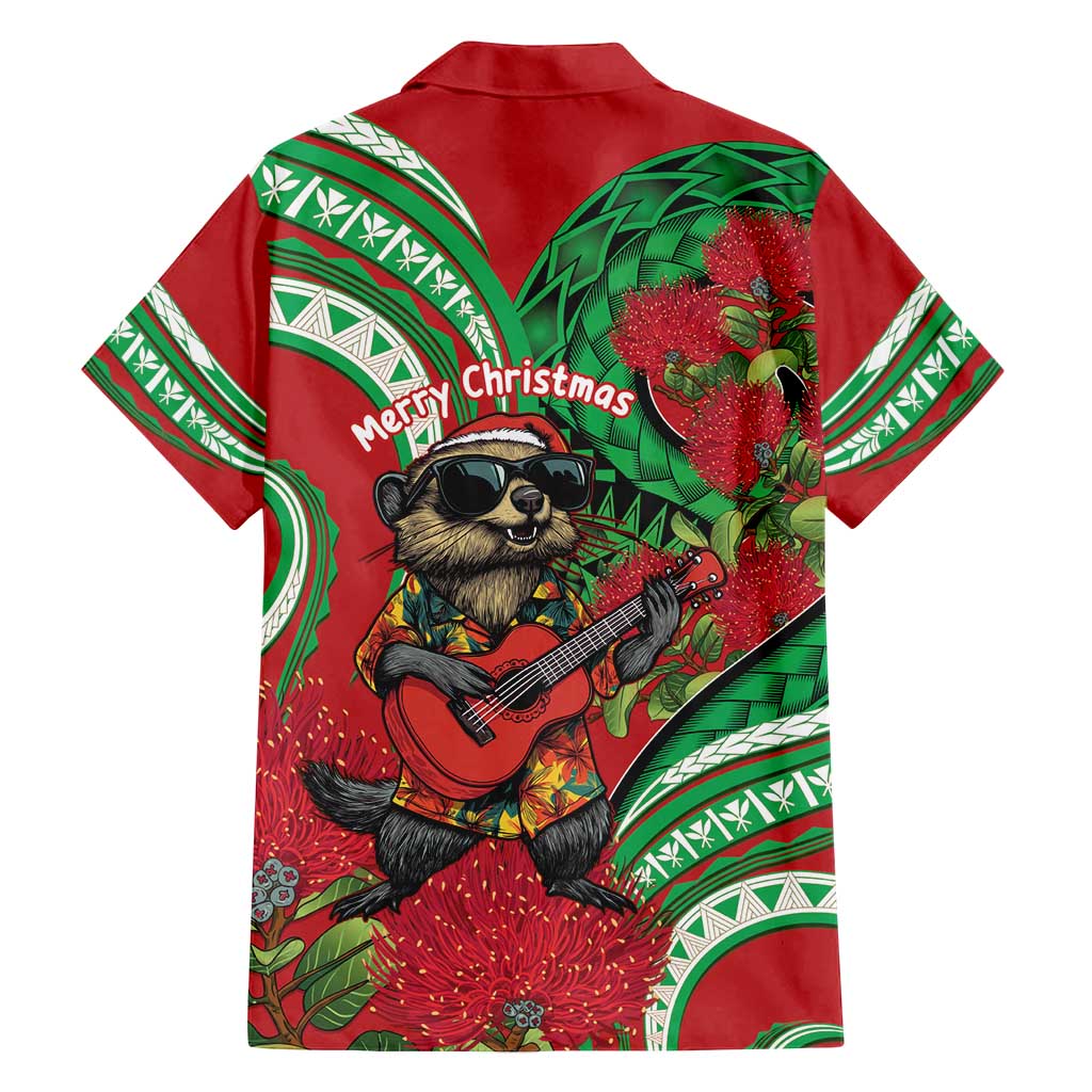 Mele Kalikimaka Hawaii Family Matching Off Shoulder Short Dress and Hawaiian Shirt Mongoose Santa With Ohia Lehua LT14 - Polynesian Pride