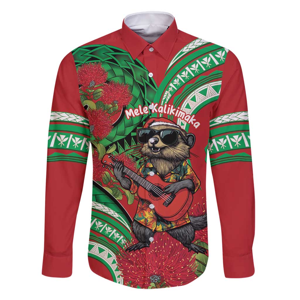 Mele Kalikimaka Hawaii Family Matching Summer Maxi Dress and Hawaiian Shirt Mongoose Santa With Ohia Lehua LT14 Dad's Shirt - Long Sleeve Red - Polynesian Pride