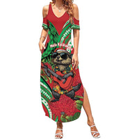 Mele Kalikimaka Hawaii Family Matching Summer Maxi Dress and Hawaiian Shirt Mongoose Santa With Ohia Lehua LT14 Mom's Dress Red - Polynesian Pride