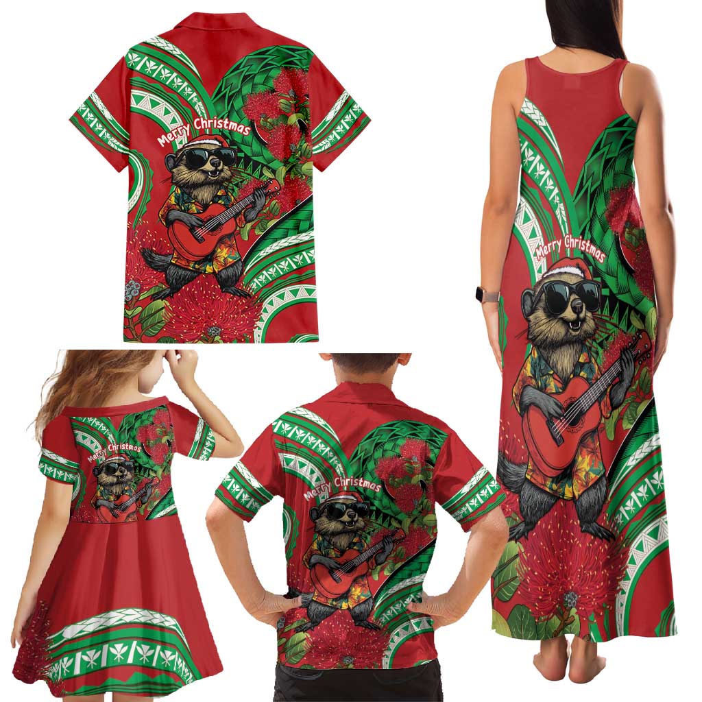 Mele Kalikimaka Hawaii Family Matching Tank Maxi Dress and Hawaiian Shirt Mongoose Santa With Ohia Lehua LT14 - Polynesian Pride