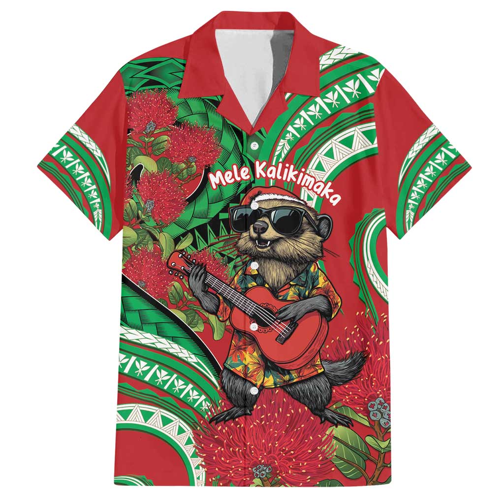 Mele Kalikimaka Hawaii Family Matching Tank Maxi Dress and Hawaiian Shirt Mongoose Santa With Ohia Lehua LT14 Dad's Shirt - Short Sleeve Red - Polynesian Pride