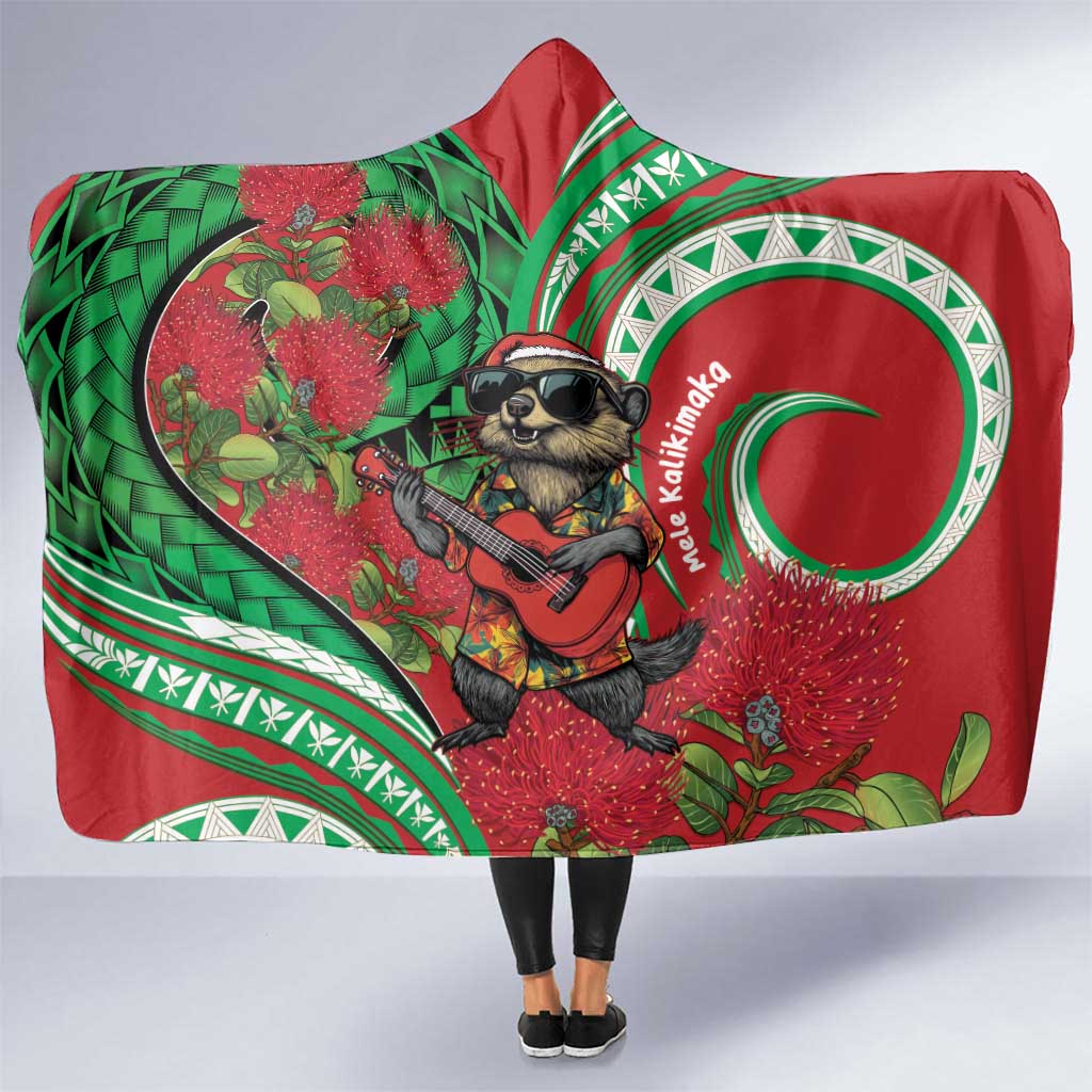 Mele Kalikimaka Hawaii Hooded Blanket Mongoose Santa With Ohia Lehua LT14 One Size Red - Polynesian Pride
