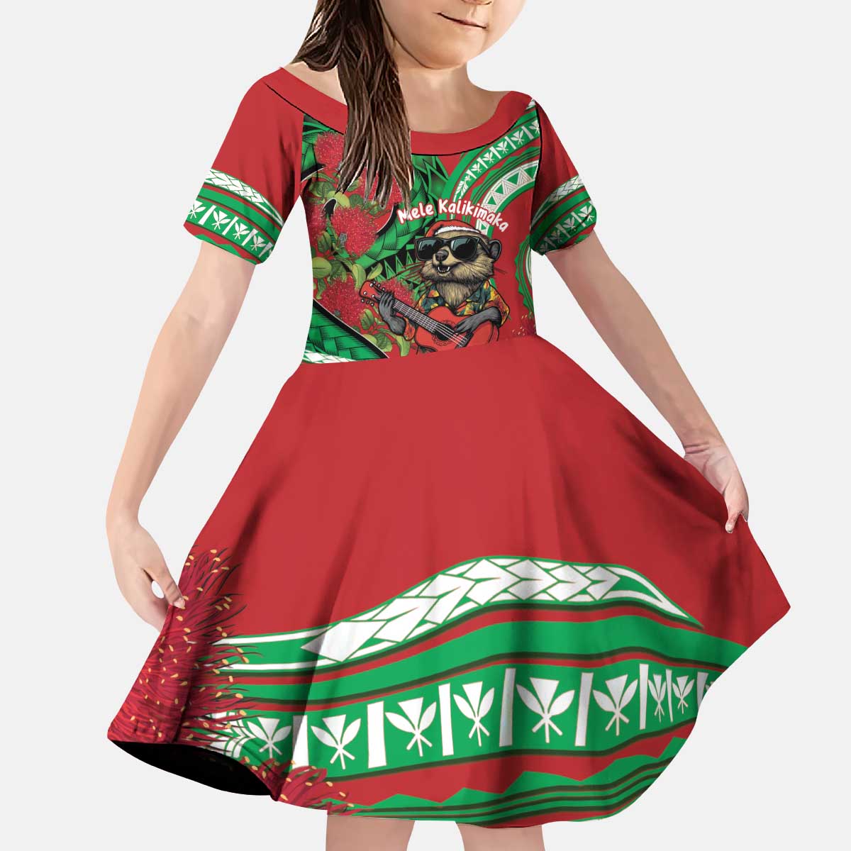 Mele Kalikimaka Hawaii Kid Short Sleeve Dress Mongoose Santa With Ohia Lehua LT14 KID Red - Polynesian Pride