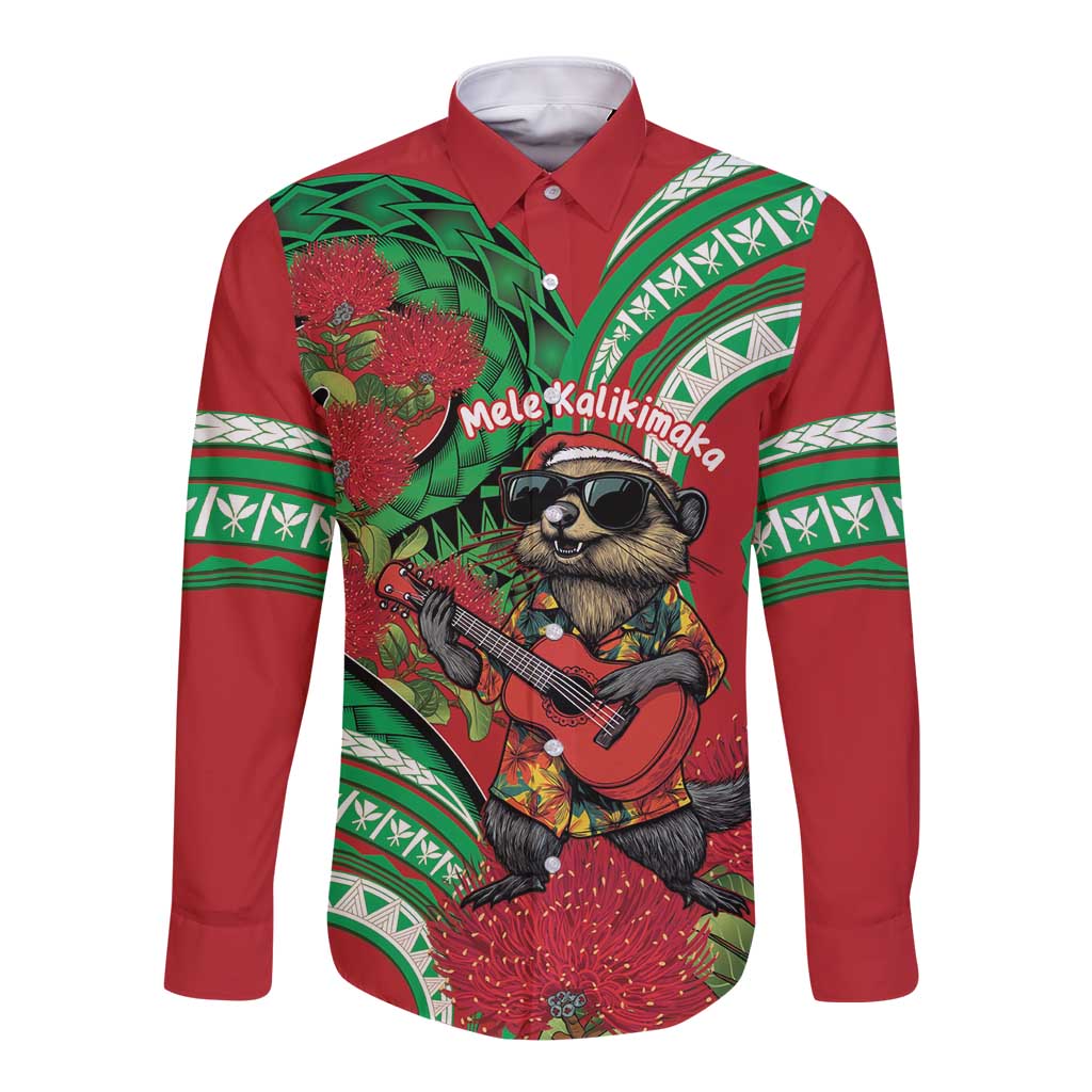 Mele Kalikimaka Hawaii Long Sleeve Button Shirt Mongoose Santa With Ohia Lehua LT14 Unisex Red - Polynesian Pride