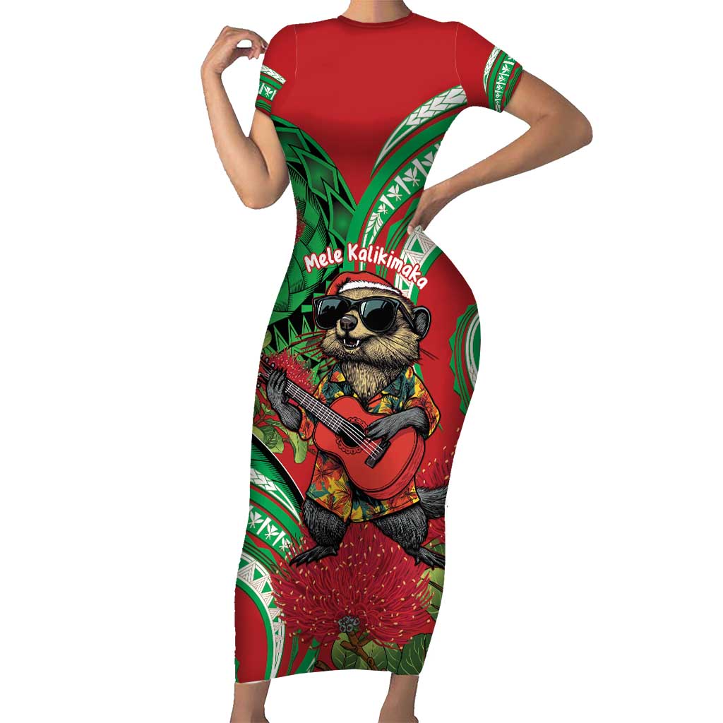 Mele Kalikimaka Hawaii Short Sleeve Bodycon Dress Mongoose Santa With Ohia Lehua LT14 Long Dress Red - Polynesian Pride