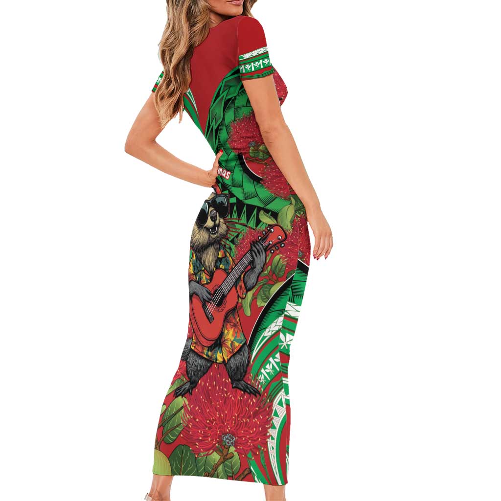 Mele Kalikimaka Hawaii Short Sleeve Bodycon Dress Mongoose Santa With Ohia Lehua LT14 - Polynesian Pride