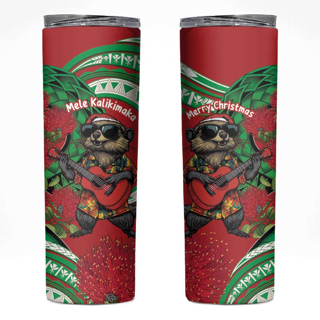 Mele Kalikimaka Hawaii Skinny Tumbler Mongoose Santa With Ohia Lehua LT14 Red - Polynesian Pride