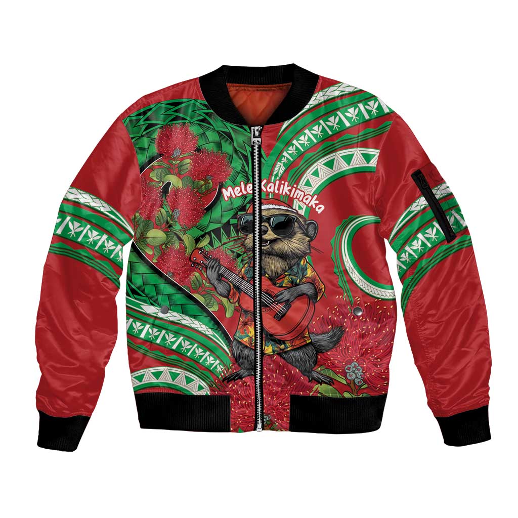 Mele Kalikimaka Hawaii Sleeve Zip Bomber Jacket Mongoose Santa With Ohia Lehua LT14 Unisex Red - Polynesian Pride