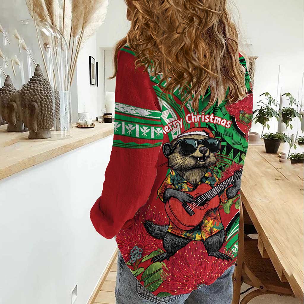 Mele Kalikimaka Hawaii Women Casual Shirt Mongoose Santa With Ohia Lehua LT14 - Polynesian Pride