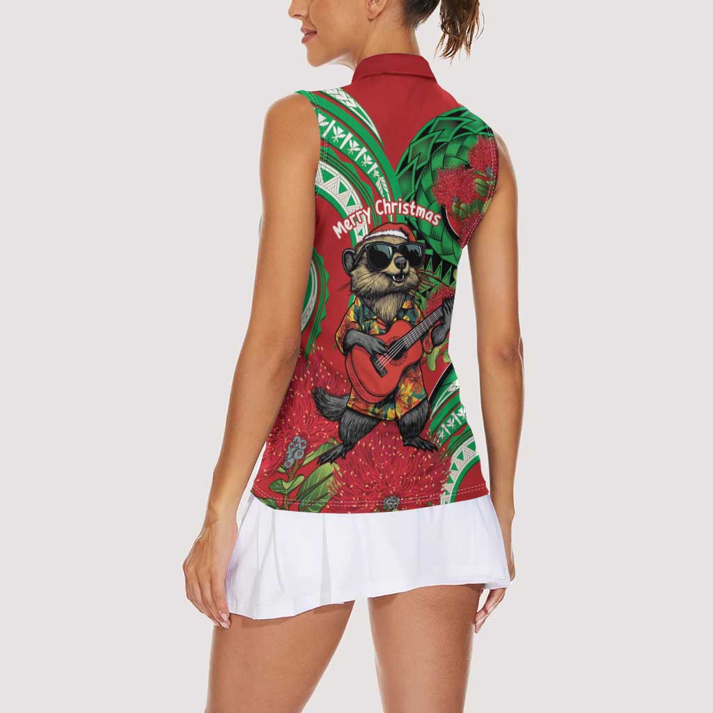 Mele Kalikimaka Hawaii Women Sleeveless Polo Shirt Mongoose Santa With Ohia Lehua LT14 - Polynesian Pride