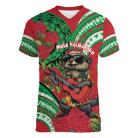 Mele Kalikimaka Hawaii Women V-Neck T-Shirt Mongoose Santa With Ohia Lehua LT14 Female Red - Polynesian Pride