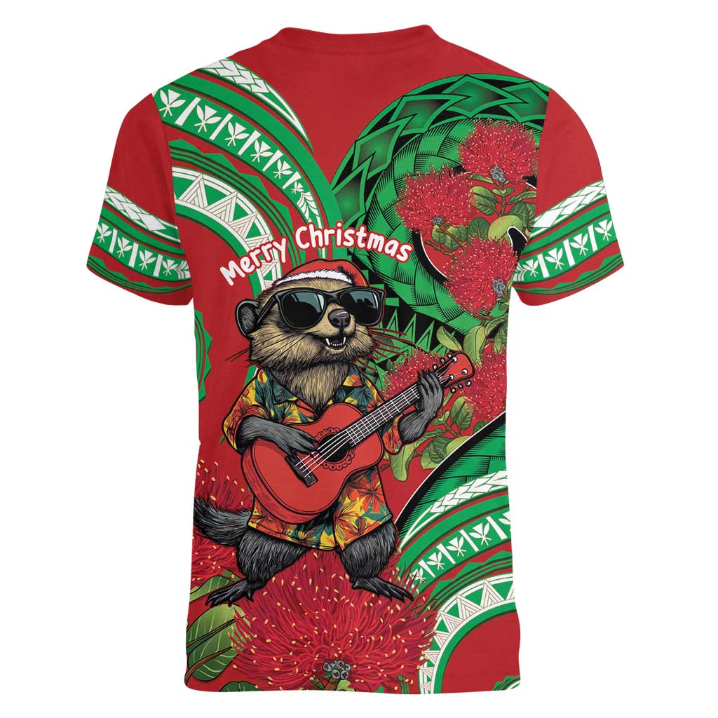 Mele Kalikimaka Hawaii Women V-Neck T-Shirt Mongoose Santa With Ohia Lehua LT14 - Polynesian Pride