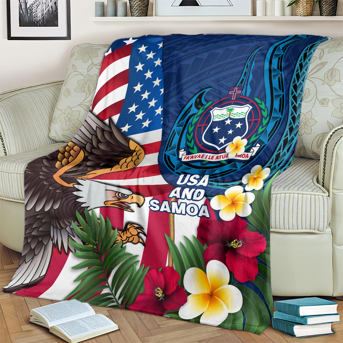 United States And Samoa Blanket USA Flag Eagle Mix Samoan Coat Of Arms LT14 - Polynesian Pride