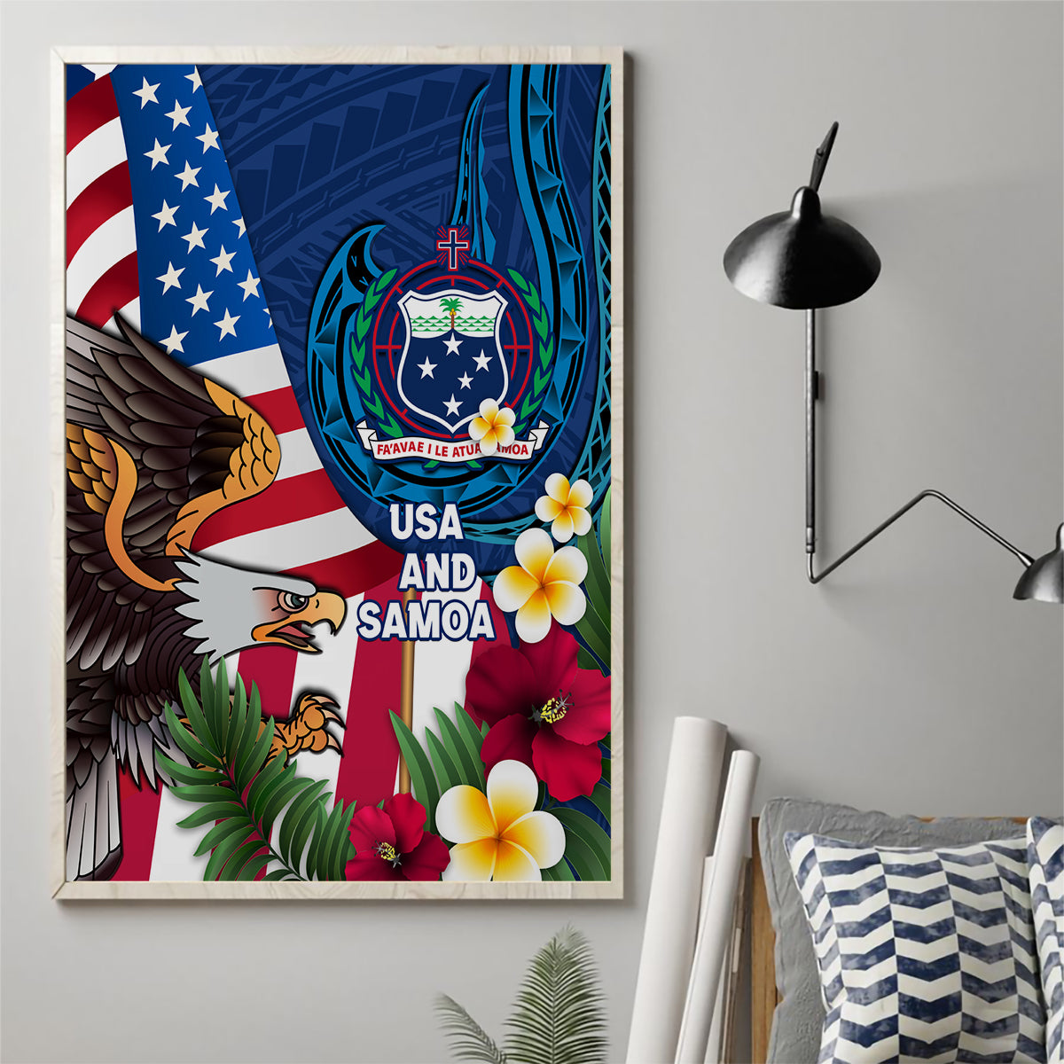 United States And Samoa Canvas Wall Art USA Flag Eagle Mix Samoan Coat Of Arms LT14 - Polynesian Pride