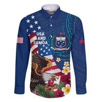 United States And Samoa Family Matching Puletasi Dress and Hawaiian Shirt USA Flag Eagle Mix Samoan Coat Of Arms LT14 Dad's Shirt - Long Sleeve Blue - Polynesian Pride