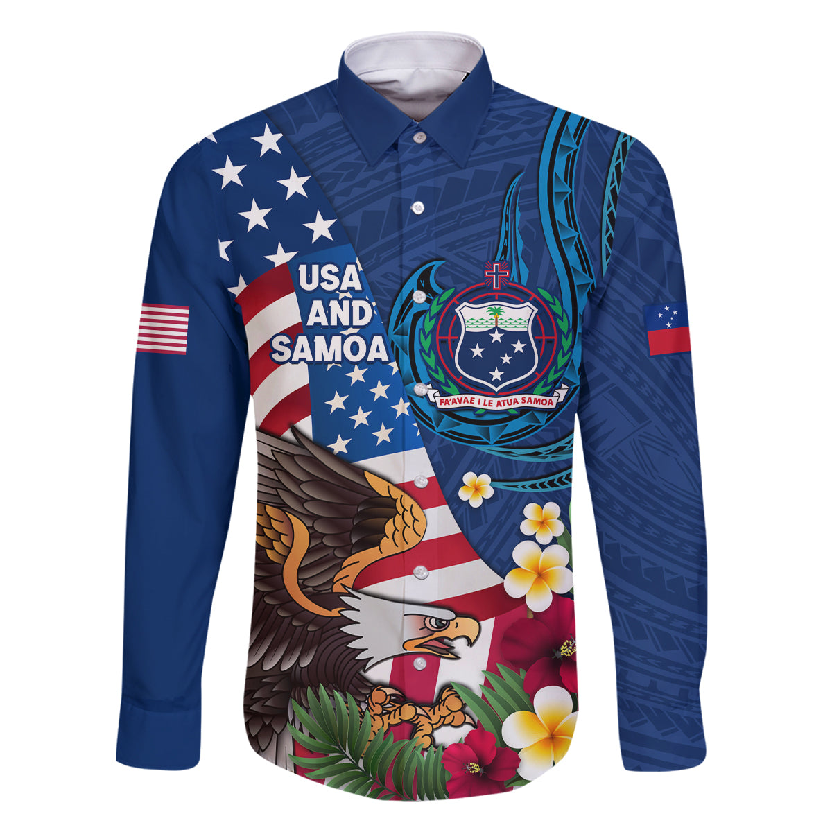 United States And Samoa Family Matching Summer Maxi Dress and Hawaiian Shirt USA Flag Eagle Mix Samoan Coat Of Arms LT14 Dad's Shirt - Long Sleeve Blue - Polynesian Pride