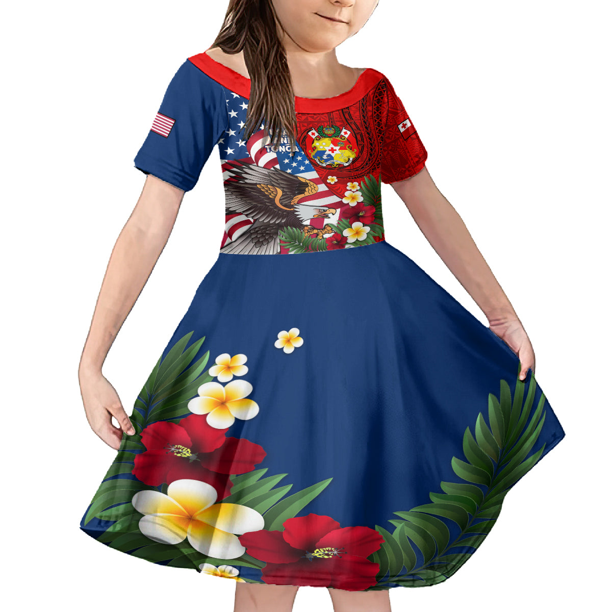 United States And Tonga Family Matching Summer Maxi Dress and Hawaiian Shirt USA Flag Eagle Mix Tongan Coat Of Arms Ngatu Pattern LT14 Daughter's Dress Blue - Polynesian Pride