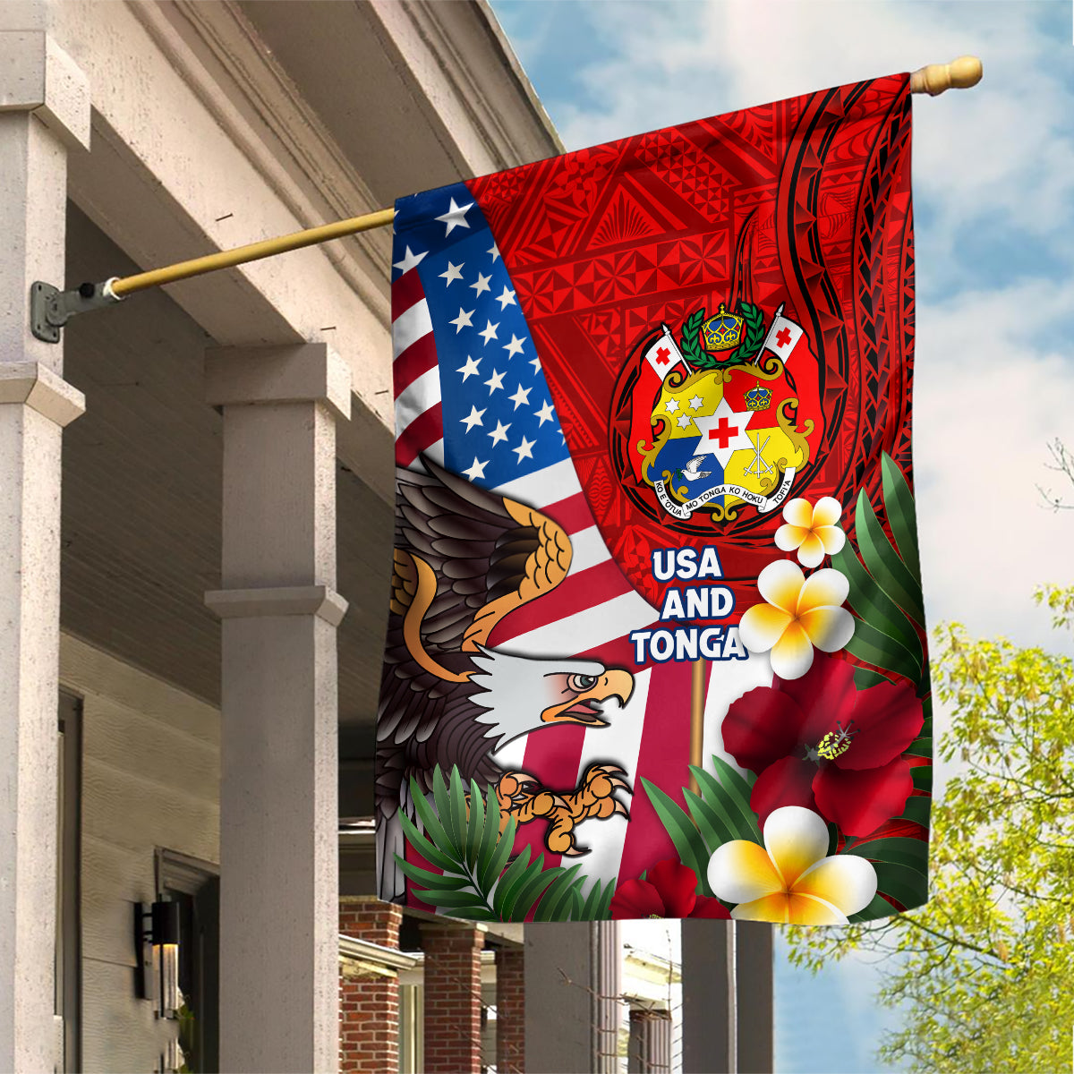 United States And Tonga Garden Flag USA Flag Eagle Mix Tongan Coat Of Arms Ngatu Pattern LT14 House Flag Blue - Polynesian Pride