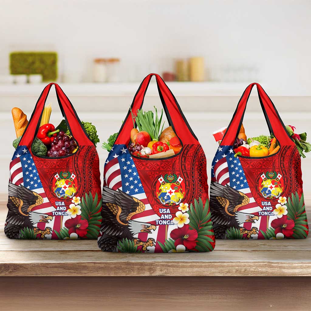 United States And Tonga Grocery Bag USA Flag Eagle Mix Tongan Coat Of Arms Ngatu Pattern LT14 3-pack One Size Blue - Polynesian Pride