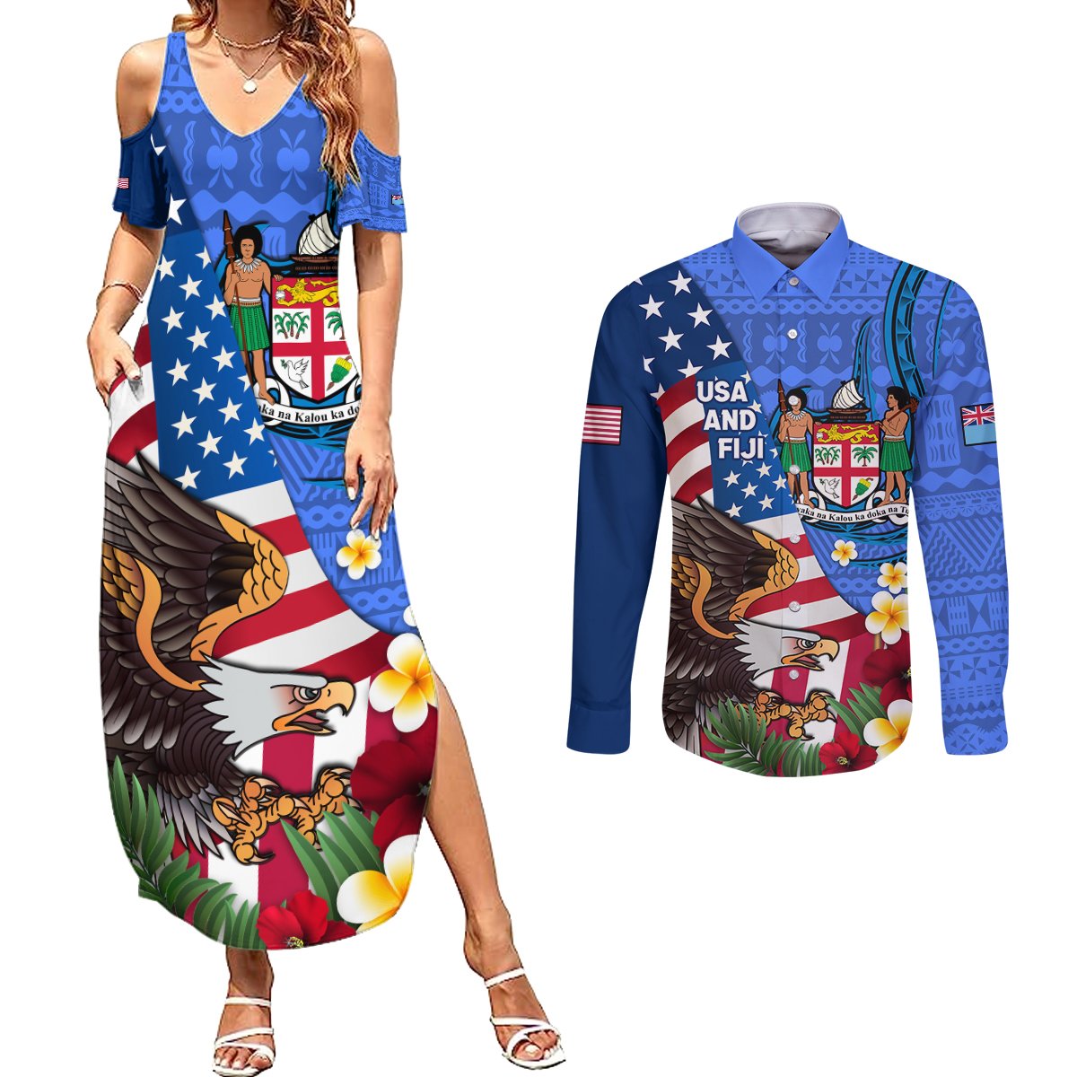 United States And Fiji Couples Matching Summer Maxi Dress and Long Sleeve Button Shirt USA Flag Eagle Mix Fijian Coat Of Arms Tapa Pattern LT14 Blue - Polynesian Pride