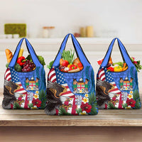 United States And Fiji Grocery Bag USA Flag Eagle Mix Fijian Coat Of Arms Tapa Pattern LT14 3-pack One Size Blue - Polynesian Pride