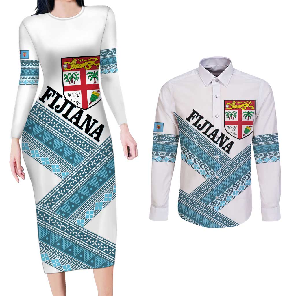 Custom Fiji Tapa Rugby 2025 Couples Matching Long Sleeve Bodycon Dress and Long Sleeve Button Shirt Go Champions Fijiana LT14 White - Polynesian Pride