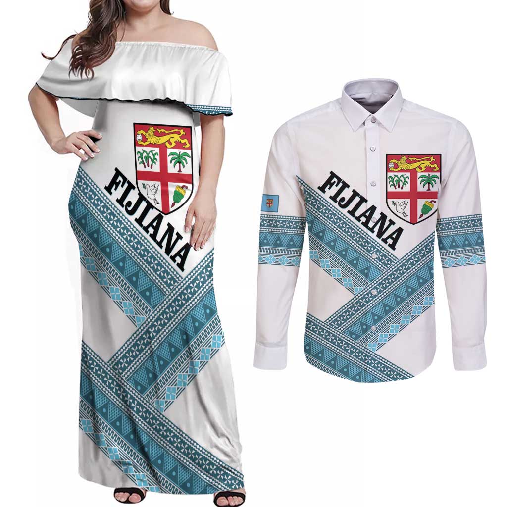 Custom Fiji Tapa Rugby 2025 Couples Matching Off Shoulder Maxi Dress and Long Sleeve Button Shirt Go Champions Fijiana LT14 White - Polynesian Pride