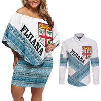 Custom Fiji Tapa Rugby 2025 Couples Matching Off Shoulder Short Dress and Long Sleeve Button Shirt Go Champions Fijiana LT14 White - Polynesian Pride