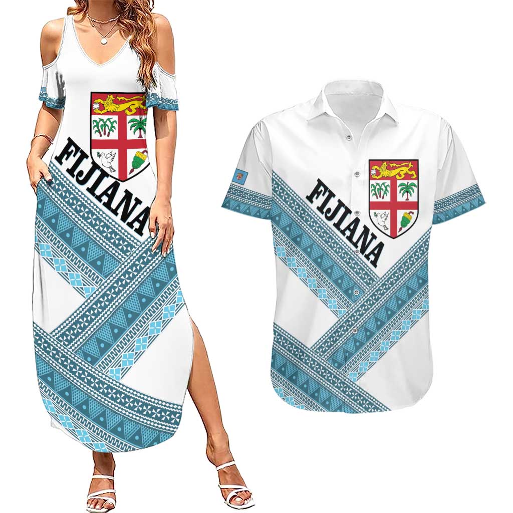 Custom Fiji Tapa Rugby 2025 Couples Matching Summer Maxi Dress and Hawaiian Shirt Go Champions Fijiana LT14 White - Polynesian Pride