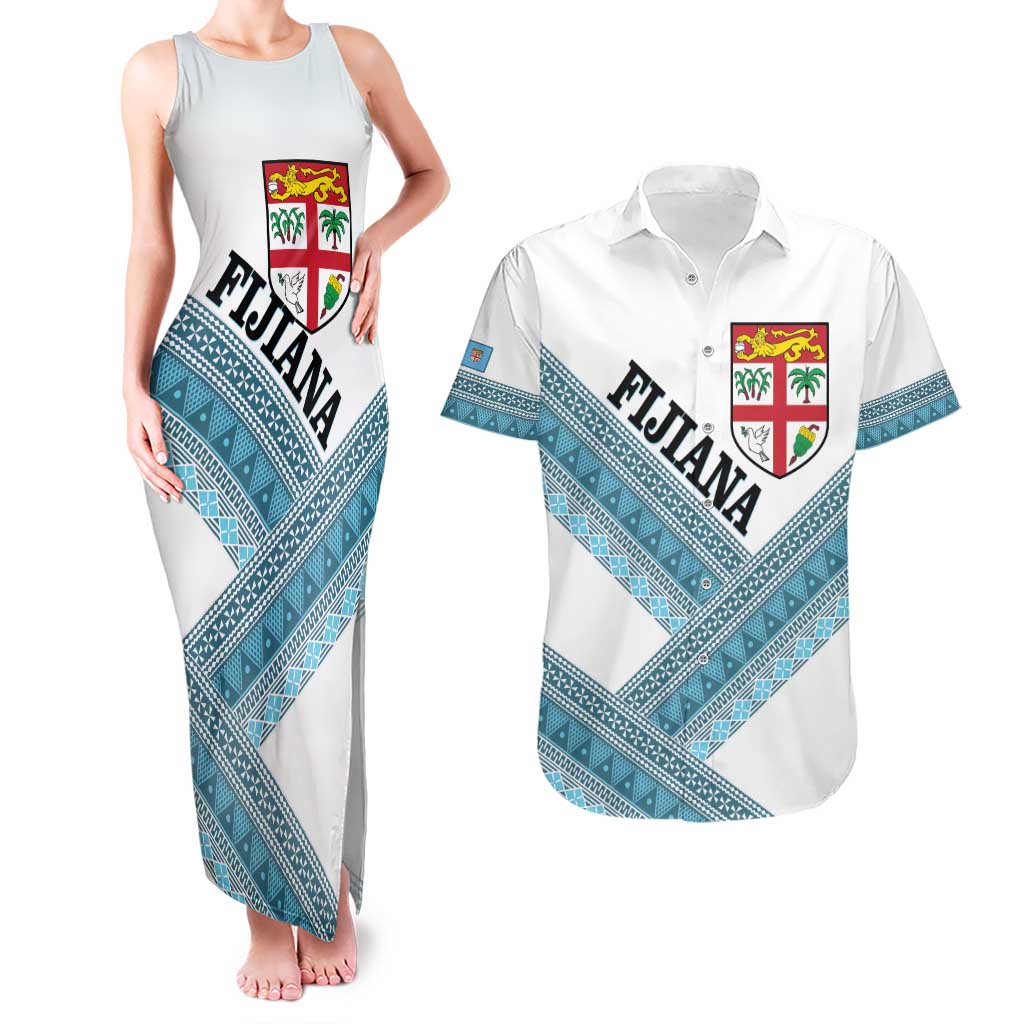 Custom Fiji Tapa Rugby 2025 Couples Matching Tank Maxi Dress and Hawaiian Shirt Go Champions Fijiana LT14 White - Polynesian Pride