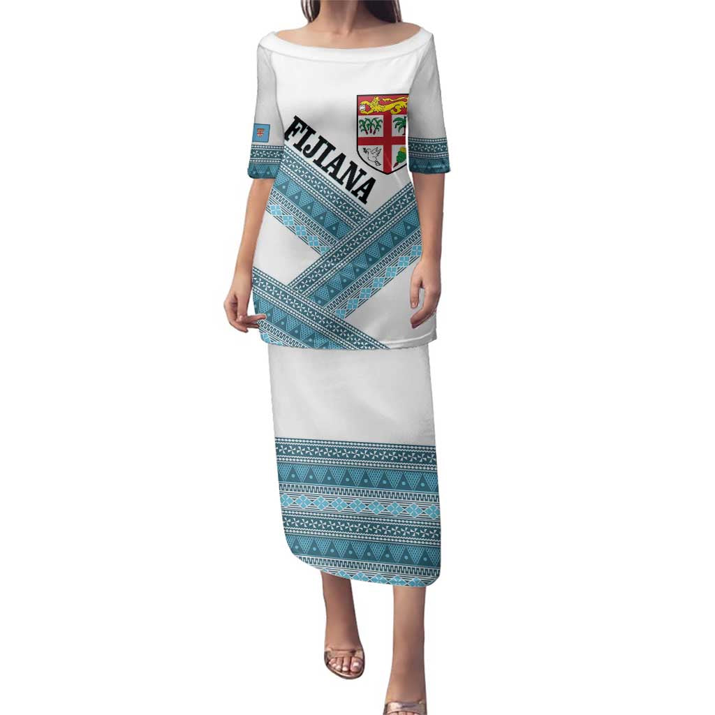 Custom Fiji Tapa Rugby 2025 Family Matching Puletasi and Hawaiian Shirt Go Champions Fijiana LT14 Mom's Dress White - Polynesian Pride
