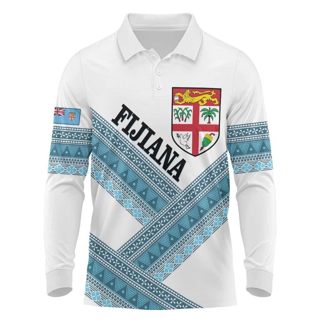 Custom Fiji Tapa Rugby 2025 Long Sleeve Polo Shirt Go Champions Fijiana LT14 White - Polynesian Pride