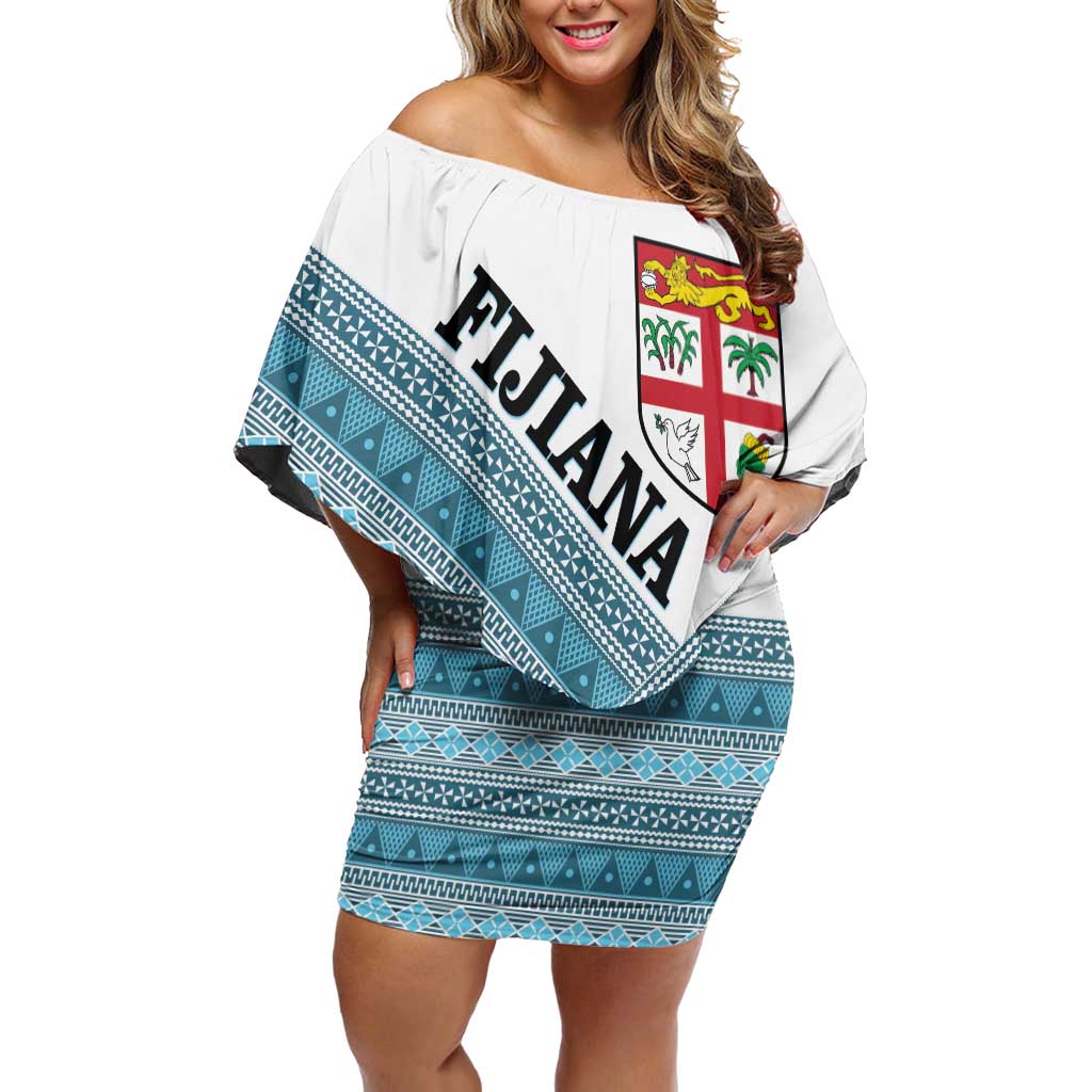 Custom Fiji Tapa Rugby 2025 Off Shoulder Short Dress Go Champions Fijiana LT14 Women White - Polynesian Pride