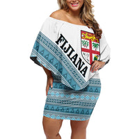 Custom Fiji Tapa Rugby 2025 Off Shoulder Short Dress Go Champions Fijiana LT14 Women White - Polynesian Pride