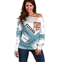 Custom Fiji Tapa Rugby 2025 Off Shoulder Sweater Go Champions Fijiana LT14 Women White - Polynesian Pride