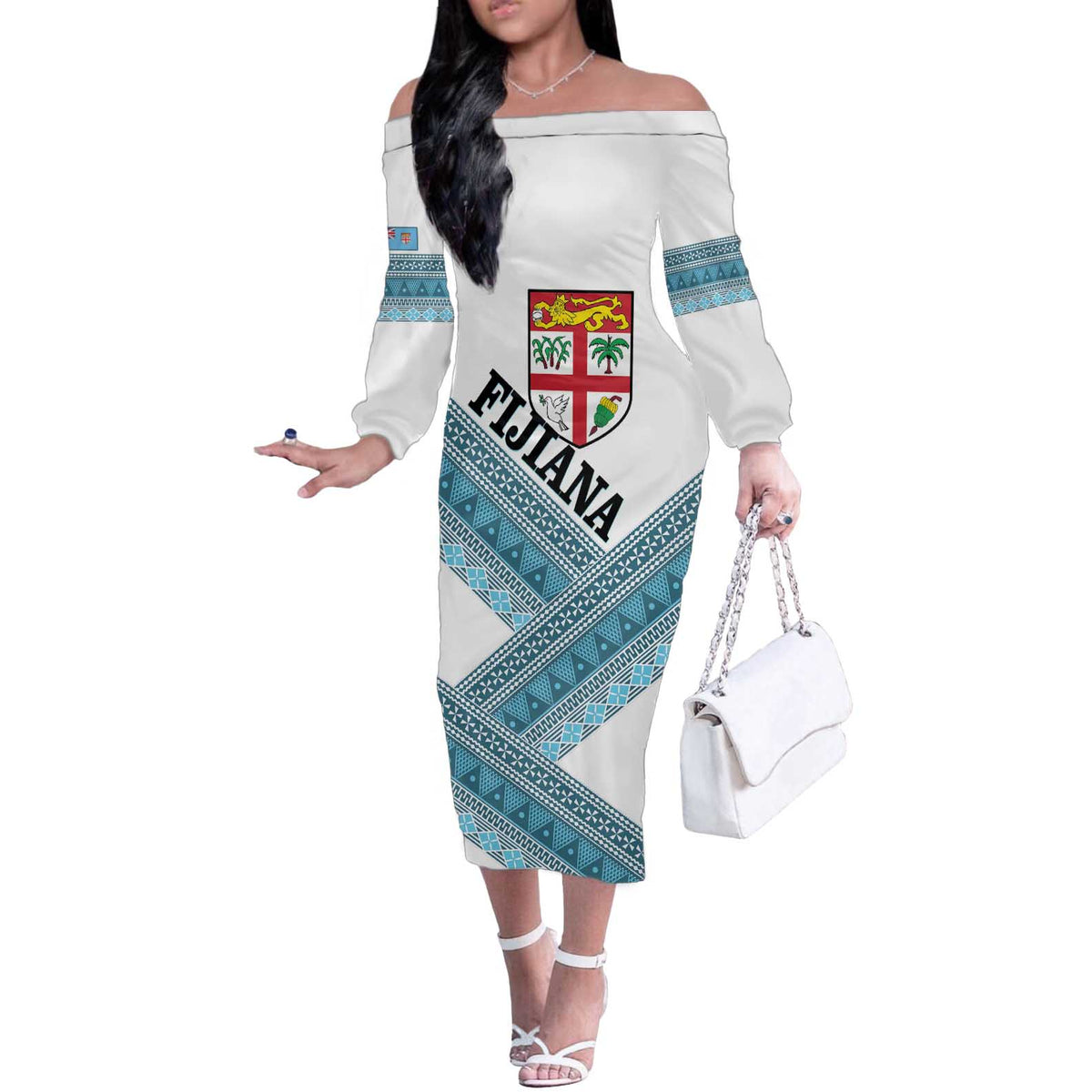 Custom Fiji Tapa Rugby 2025 Off The Shoulder Long Sleeve Dress Go Champions Fijiana LT14 Women White - Polynesian Pride