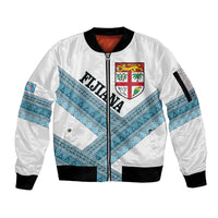 Custom Fiji Tapa Rugby 2025 Sleeve Zip Bomber Jacket Go Champions Fijiana LT14 Unisex White - Polynesian Pride