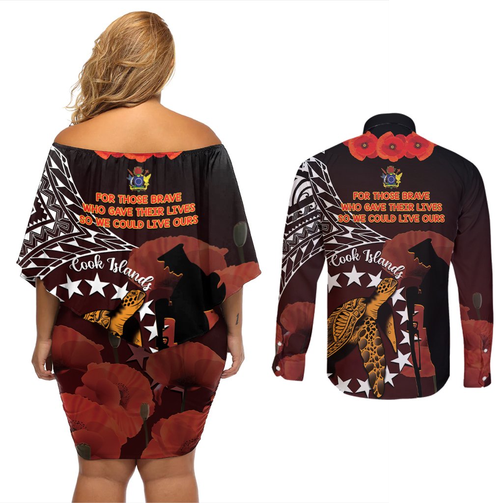 Cook Islands ANZAC Day Couples Matching Off Shoulder Short Dress and Long Sleeve Button Shirt Poppies With Sea Turtle LT14 - Polynesian Pride