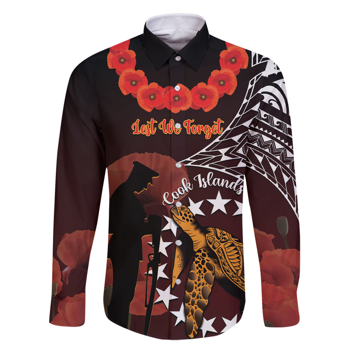 Cook Islands ANZAC Day Family Matching Mermaid Dress and Hawaiian Shirt Poppies With Sea Turtle LT14 Dad's Shirt - Long Sleeve Red - Polynesian Pride