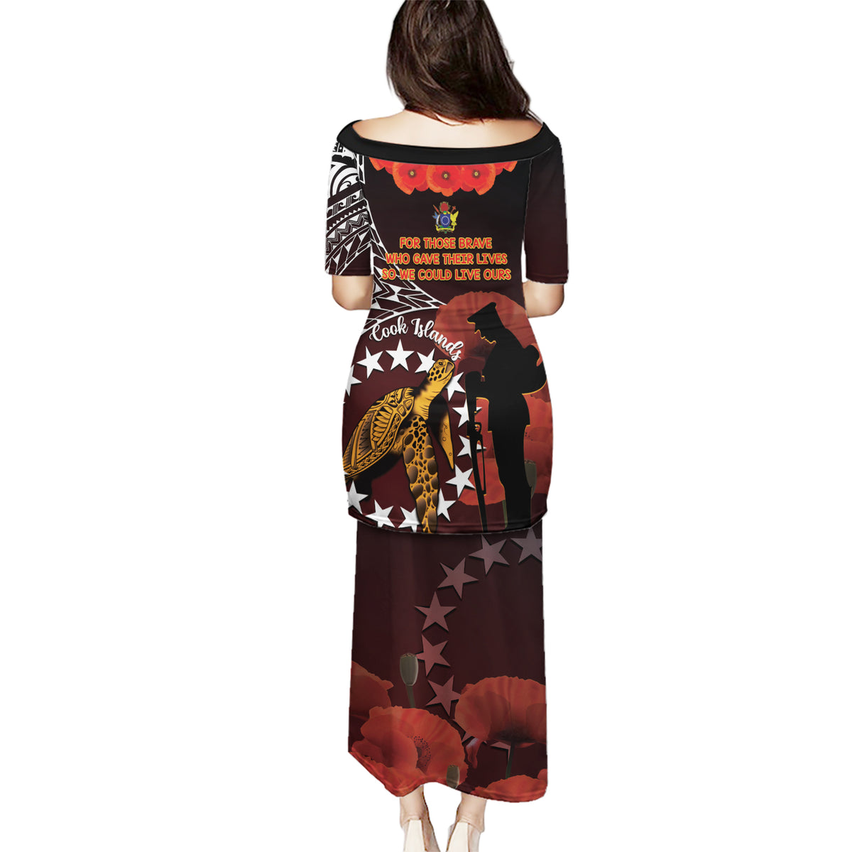 Cook Islands ANZAC Day Puletasi Poppies With Sea Turtle LT14 - Polynesian Pride