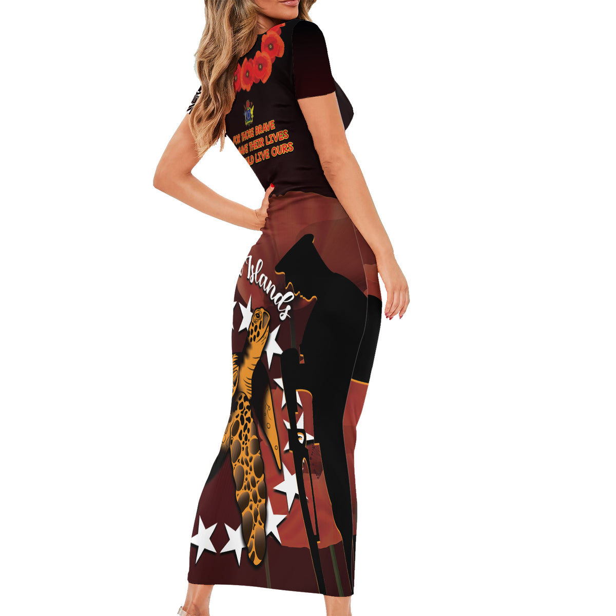 Cook Islands ANZAC Day Short Sleeve Bodycon Dress Poppies With Sea Turtle LT14 - Polynesian Pride