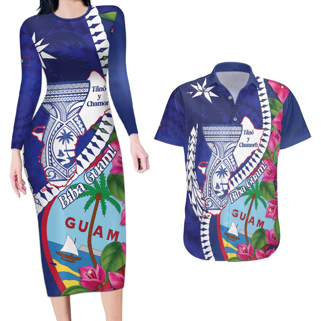 Biba Guam Liberation Day Couples Matching Long Sleeve Bodycon Dress and Hawaiian Shirt Tano y Chamoru Latte Stone Blue LT14 Blue - Polynesian Pride
