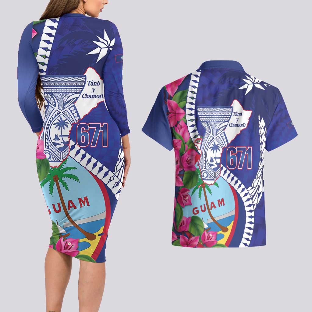 Biba Guam Liberation Day Couples Matching Long Sleeve Bodycon Dress and Hawaiian Shirt Tano y Chamoru Latte Stone Blue LT14 - Polynesian Pride